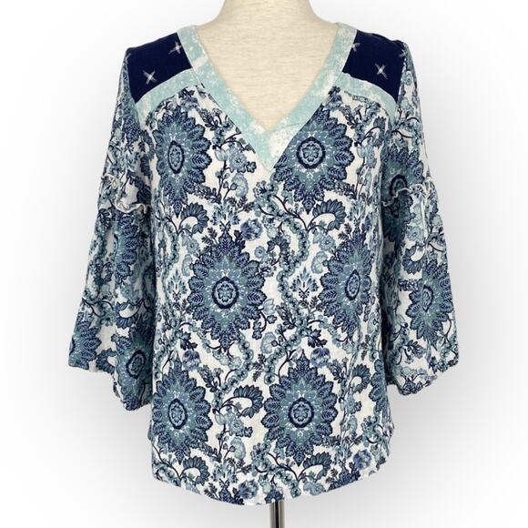 NEW DIRECTIONS Geometric Floral Paisley Flared Sleeve Linen Top Blue Small Shirt - Picture 1 of 7